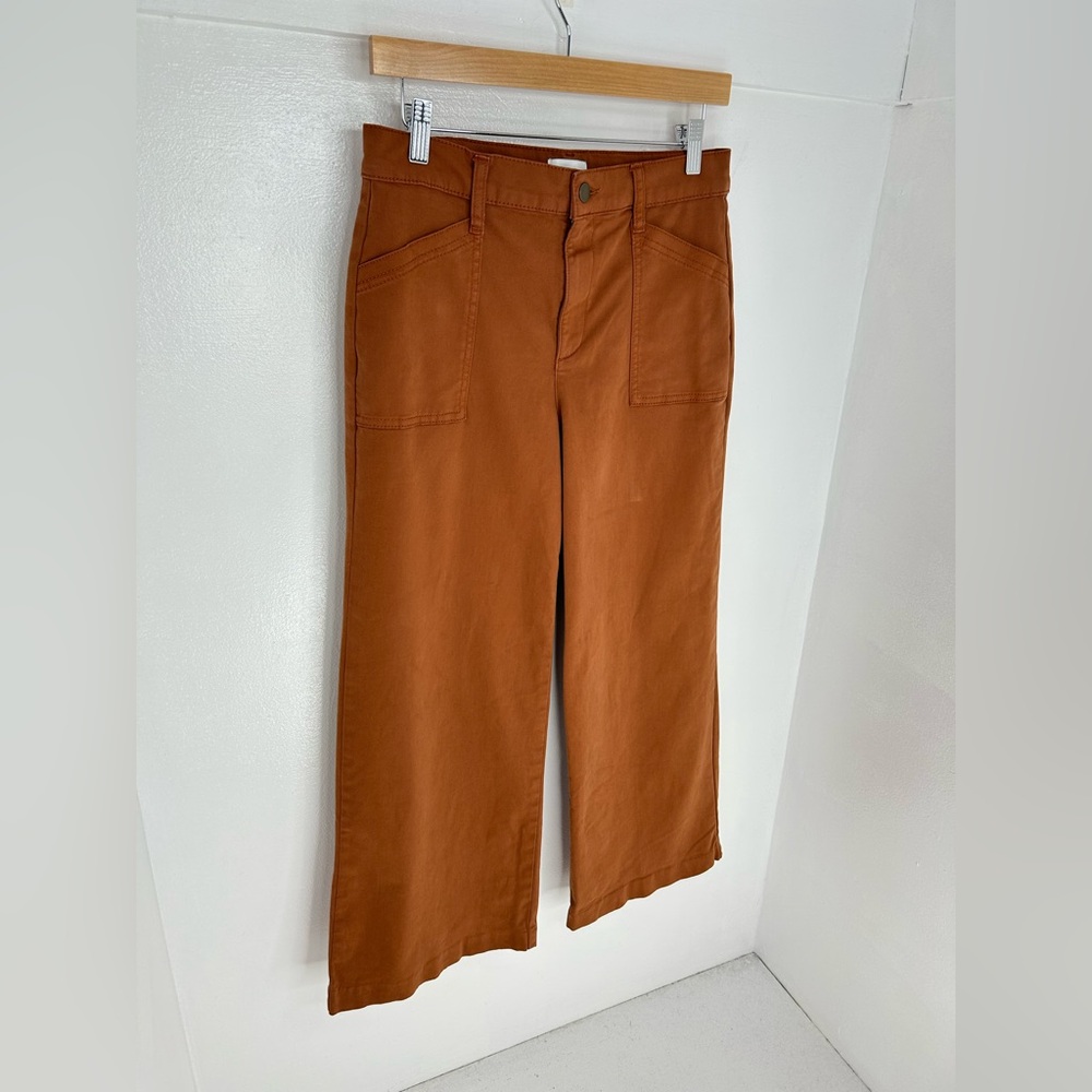 Evereve Pants Womens Size 28 Khaki Rust Crop Wide Leg Flared Stretch 30x26.5 - Picture 3 of 14